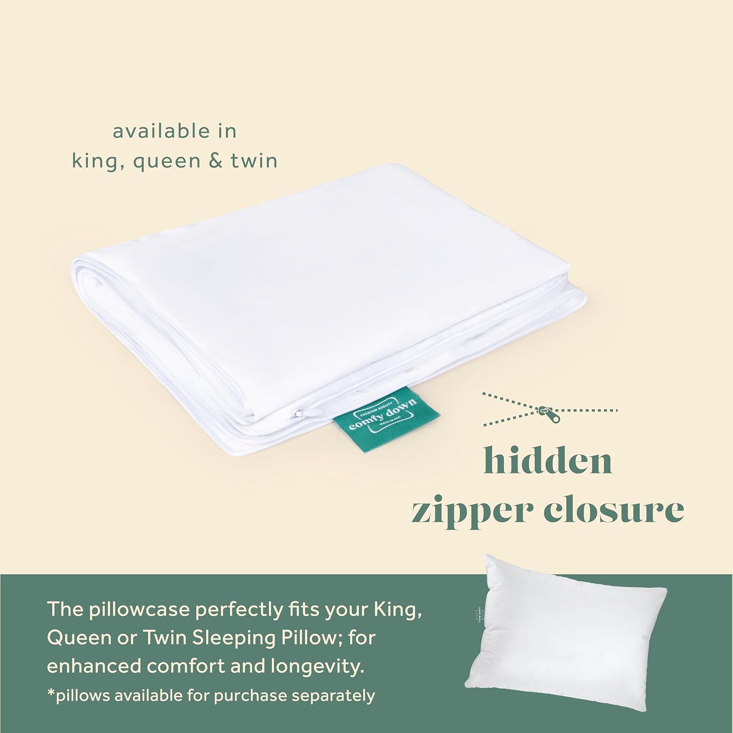 ComfyDown Pillowcase for Bed Pillow – Zipper Closure – Twin/Queen/King Sizes Available