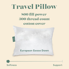 Goose Down Travel Pillow - with 800 Fill Power European Goose Down